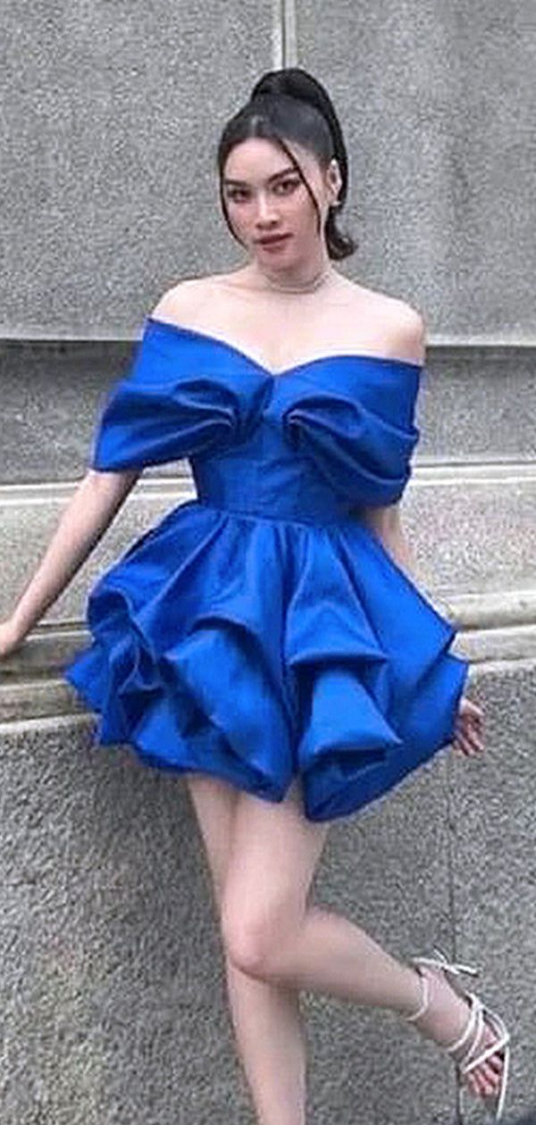 Robes de soirée courtes élégantes, bleu Royal, épaules dénudées, bon marché, tenues d'anniversaire, C693