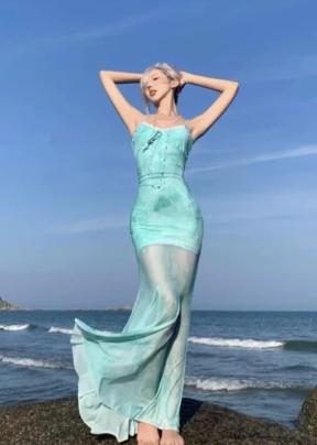 Robe de bal longue sirène unique à fines bretelles en satin et mousseline, robe de soirée C6941