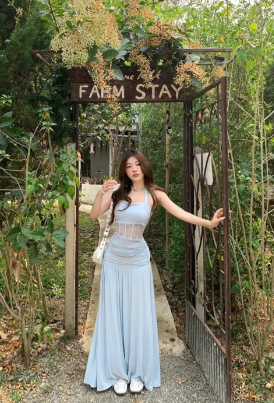 Robe de bal longue sirène en mousseline à col halter, robe de soirée C6944