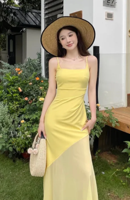 Robe de bal longue sirène jaune pastel à fines bretelles en satin et mousseline, robe de soirée C6958