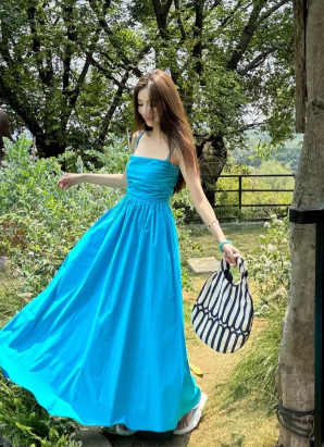 Simple A Line Spaghetti Straps Blue Satin Long Prom Dress, Evening Dress C6961