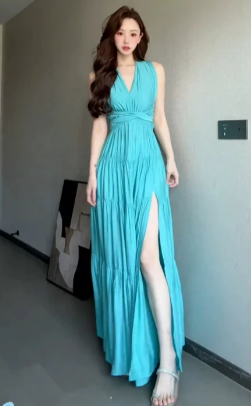 Pretty A Line V Neck Satin Slit Long Prom Dress, Evening Dress C6967