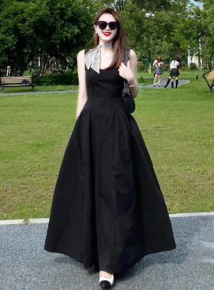 Vintage A Line U Neck Black Satin Long Prom Dress, Evening Dress C6971