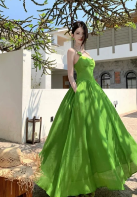 Vintage Green A Line Spaghetti Straps Satin Long Prom Dress, Evening Dress C6973