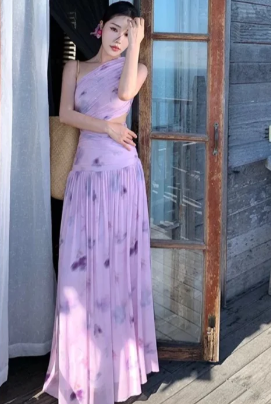 Robe de bal longue asymétrique en mousseline imprimée, coupe trapèze, modèle C6992