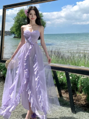 Robe de bal longue en mousseline de tulle lilas, charmante coupe trapèze, bretelles spaghetti, référence C6993