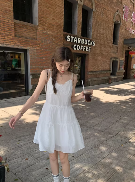 Soft white lace-trimmed slip dress for women, summer A-line short dress C7029