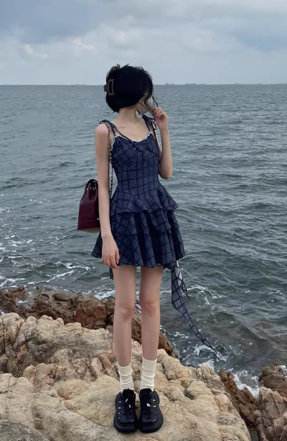Blue plaid summer French-style irregular design puffy princess short dress C7039