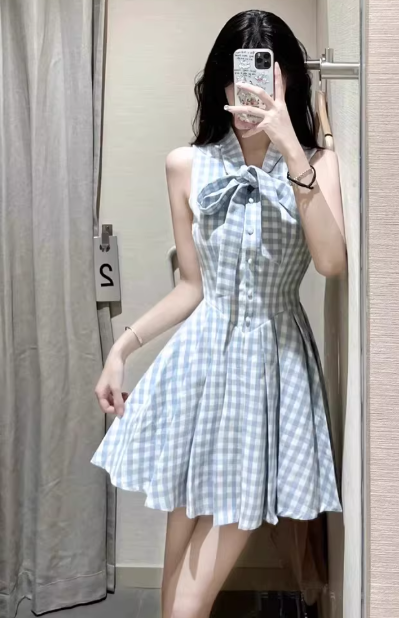 French sweet blue sleeveless plaid pleated mini skirt with bow short dress C7052