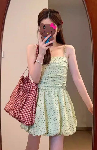 French retro style women's fitted waist green floral print short dress C7056
