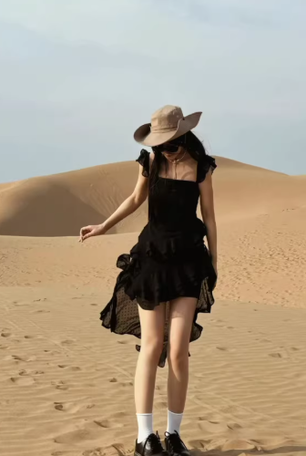 Black ruffled spaghetti strap dress, chiffon irregular princess-style short dress C7066