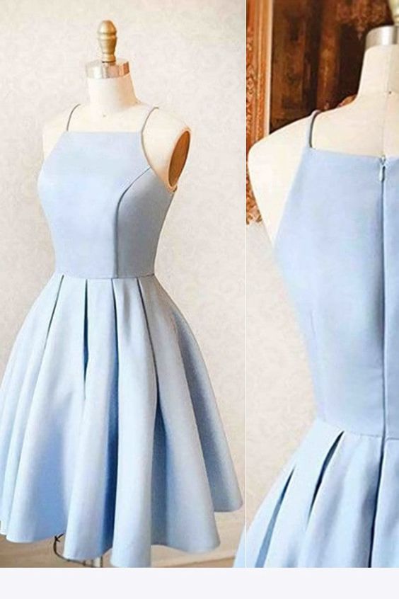 Mini robe de soirée en Satin bleu clair, Simple, courte, tenue d'anniversaire pour adolescents, C716