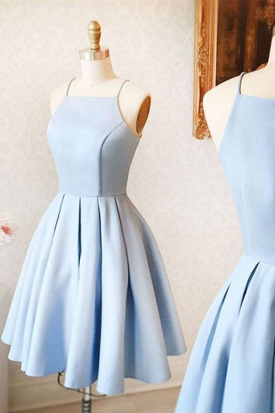 Mini robe de soirée en Satin bleu clair, Simple, courte, tenue d'anniversaire pour adolescents, C716