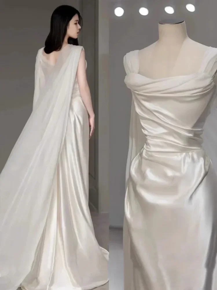 Fairytale White Satin Wedding Dress Simple Two Wear Slim Travel Photography Satin Outgoing Dresses C761