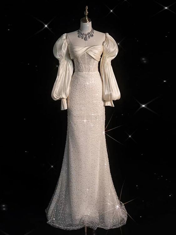 Fairytale White Satin Wedding Dress Ivory Satin Sequins Puff Sleeve Wedding Dress C762