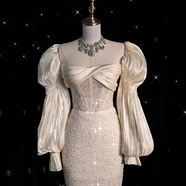 Fairytale White Satin Wedding Dress Ivory Satin Sequins Puff Sleeve Wedding Dress C762