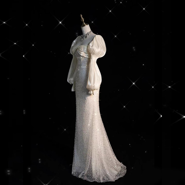 Fairytale White Satin Wedding Dress Ivory Satin Sequins Puff Sleeve Wedding Dress C762