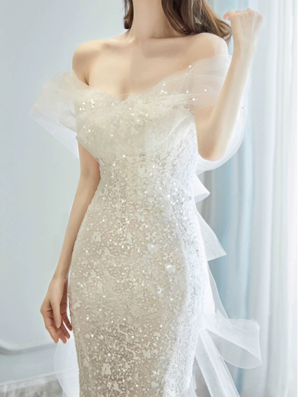 Fairytale Wedding Dress White Mermaid Off The Shoulder Short Sleeves Wedding Dresses C767