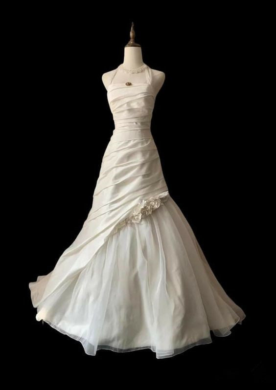 Vintage Mermaid Halter Long White Satin Wedding Dresses C781