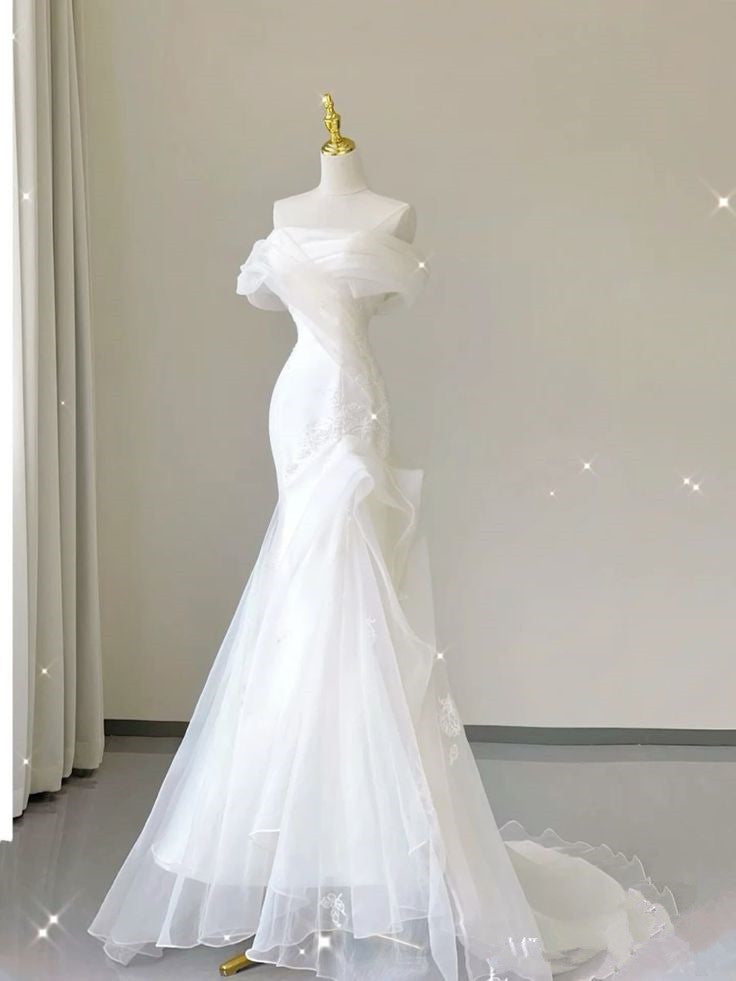 Vintage Mermaid Off The Shoulder Long White Wedding Dresses C782