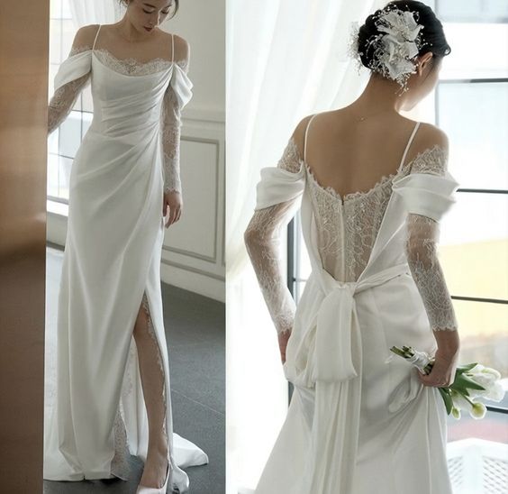 Vintage Mermaid Straps Long Sleeves Satin Lace Slit Wedding Dresses C788