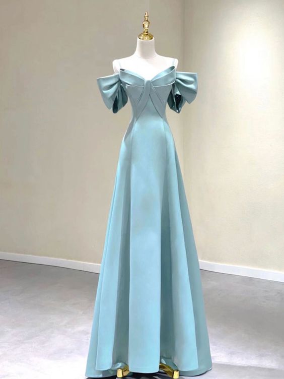 Blue A-Line Satin Long Prom DressesBlue Satin Long Formal Dresses C789