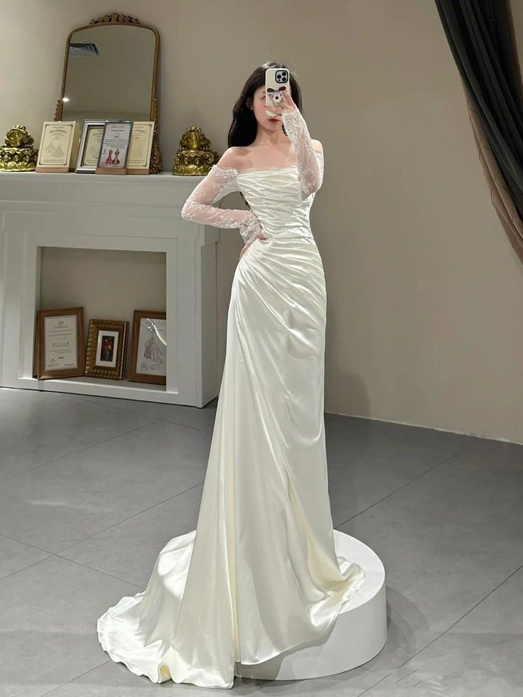 Chic Mermaid Long Sleeves Off The Shoulder Long Satin Wedding Dresses C801