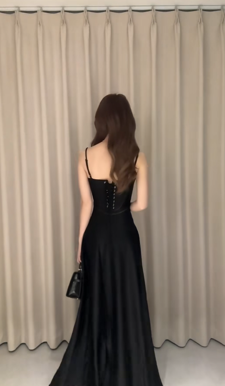 Formal Black A Line Spaghetti Straps Satin Long Prom Dress, Evening Dress C8027