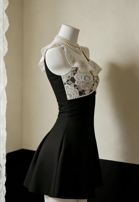 Robe de princesse trapèze à col carré en satin et dentelle, courte, idéale pour un bal de fin d'année ou un 16e anniversaire (C8035)