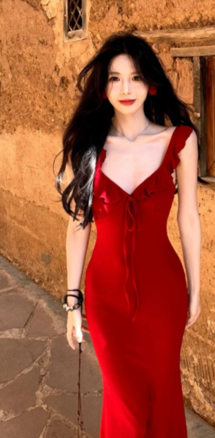 Robe de bal longue sirène bordeaux en satin à col en V, robe de soirée C8038