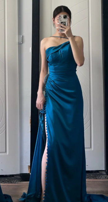 Robe de bal longue vintage sirène asymétrique en satin fendue, robe de soirée C8041