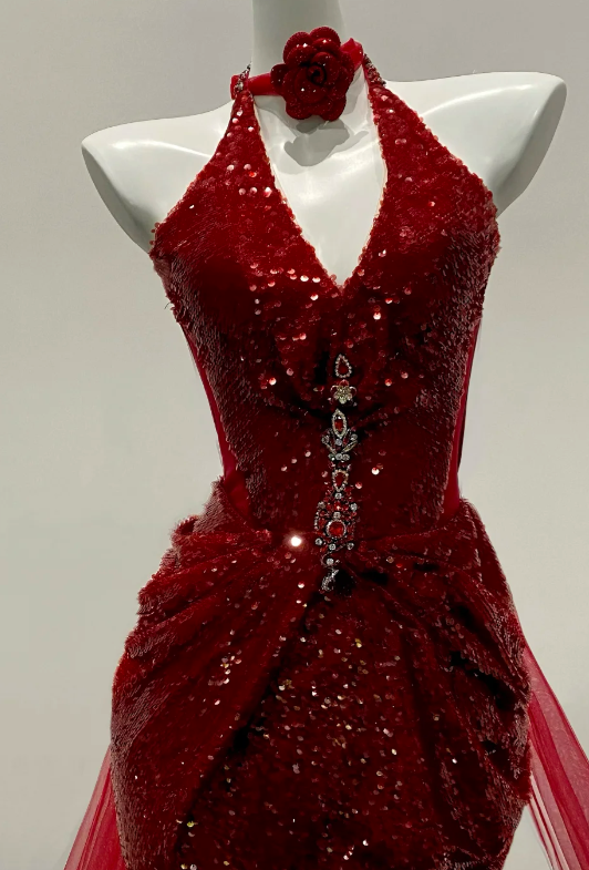 Robe de bal longue sirène brillante en tulle bordeaux à sequins et fente dos nu, robe de soirée C8049