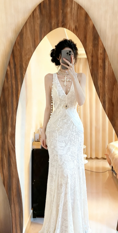 Robe de bal longue sirène en dentelle à col V, robe de soirée C8054