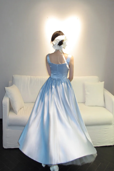 Pretty A Line Square Neck Pale Blue Satin Long Prom Dress, Evening Dress C8064