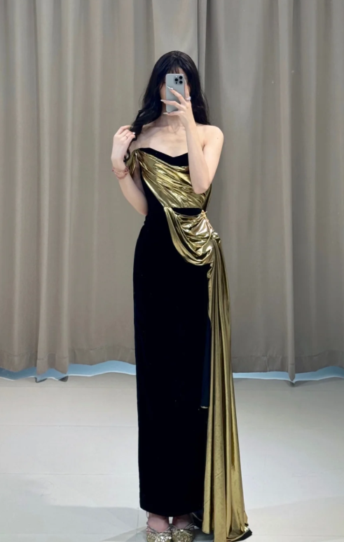 Robe de bal longue sirène chic sans bretelles en satin, robe de soirée C8068