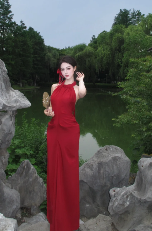 Charming Red Mermaid Halter Satin Backless Long Prom Dress, Evening Dress C8072