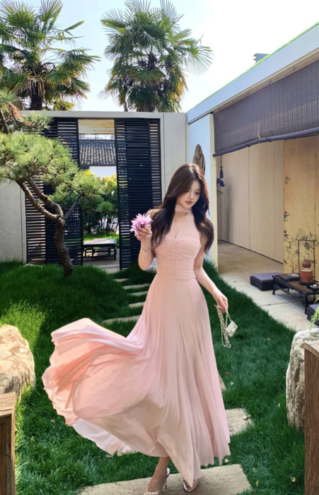 Blush Pink A Line V Neck Chiffon Long Prom Dress, Evening Dress C8078