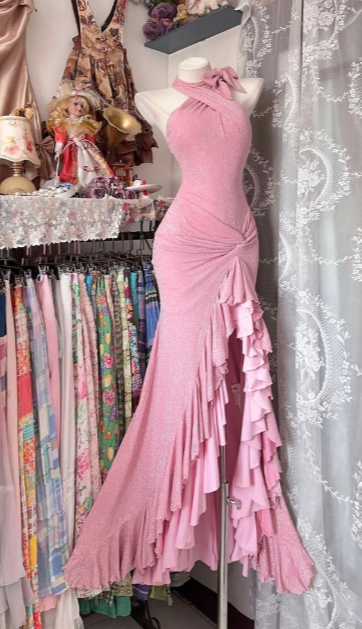 Chic Mermaid Halter Satin Ruffle Hem Long Prom Dress, Evening Dress C8082