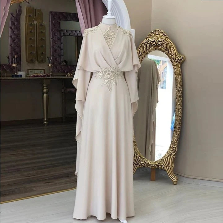 Sexy A Line High Neckline Long Sleeves Chiffon Long Prom Dress C810