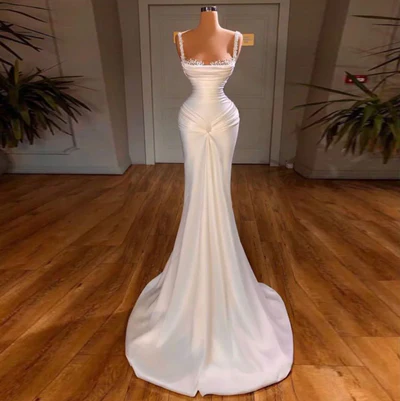 Chic Mermaid Straps White Long Satin Wedding Dresses C812