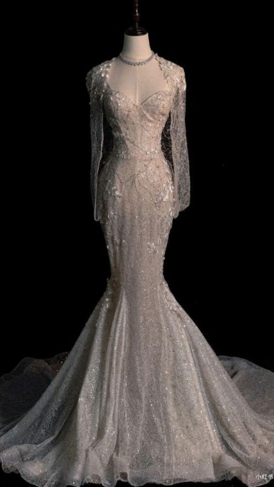 Fairytale Mermaid Strapless White Long Sequin Wedding Dresses C813