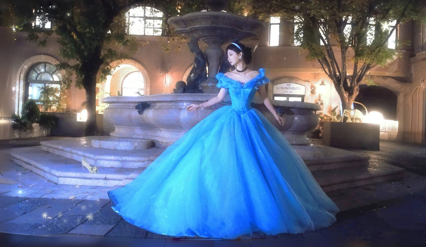 Dreamy Off-the-Shoulder Blue Ball Gown Sequins Tulle Sweet 16 Dresses C8138