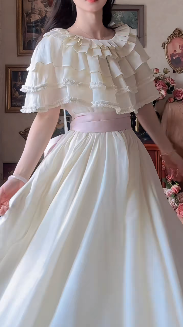 Chic Jewel Neck Ivory Prom Dress Tiered Short Sleeve A-Line Evening Dress C8151