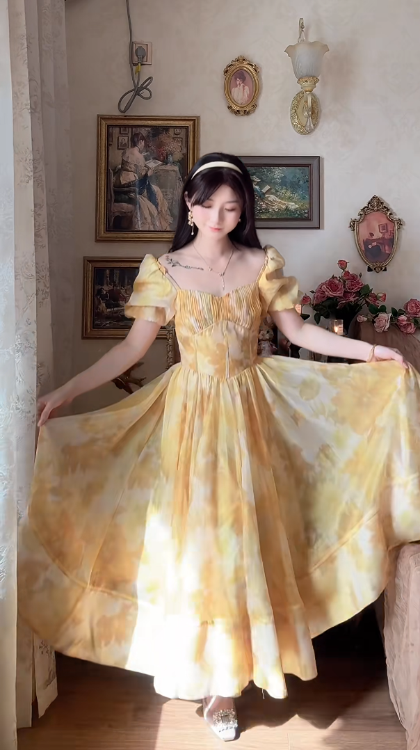 Sleek Short Sleeve Yellow Prom Dress Flowy A-Line Evening Dress C8176