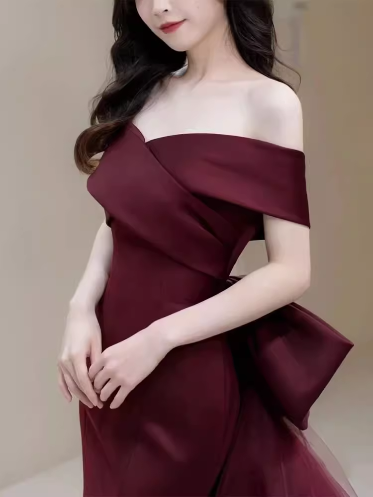 Sexy Mermaid Off The Shoulder Burgundy Satin Long Prom Dress C820