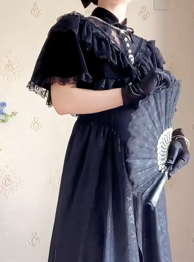 Chic Short Sleeve Black Prom Dress Jacquard A-Line Evening Dress C8215