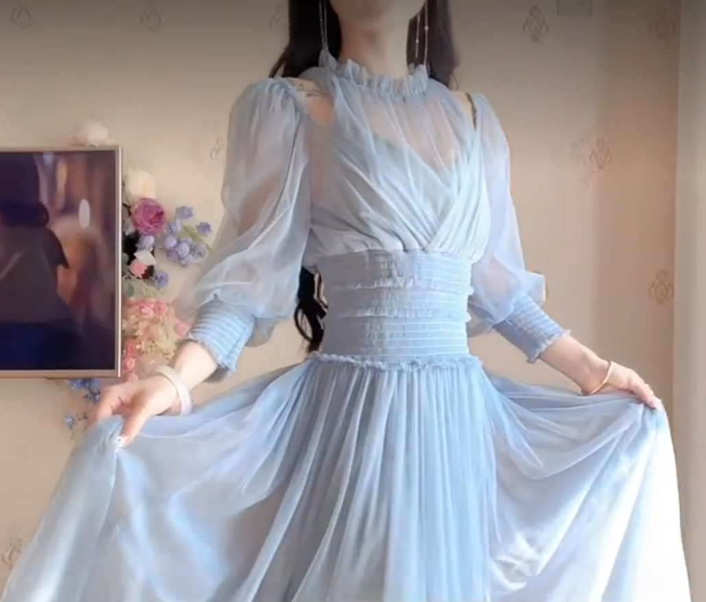 Flowy Blue Prom Dress Chiffon A-Line Evening Dress C8229
