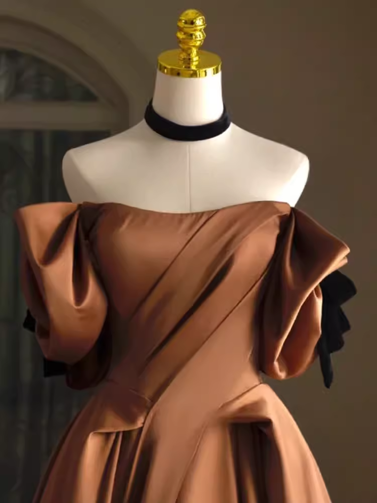 Sexy A line Off The Shoulder Brown Satin Long Prom Dress C822
