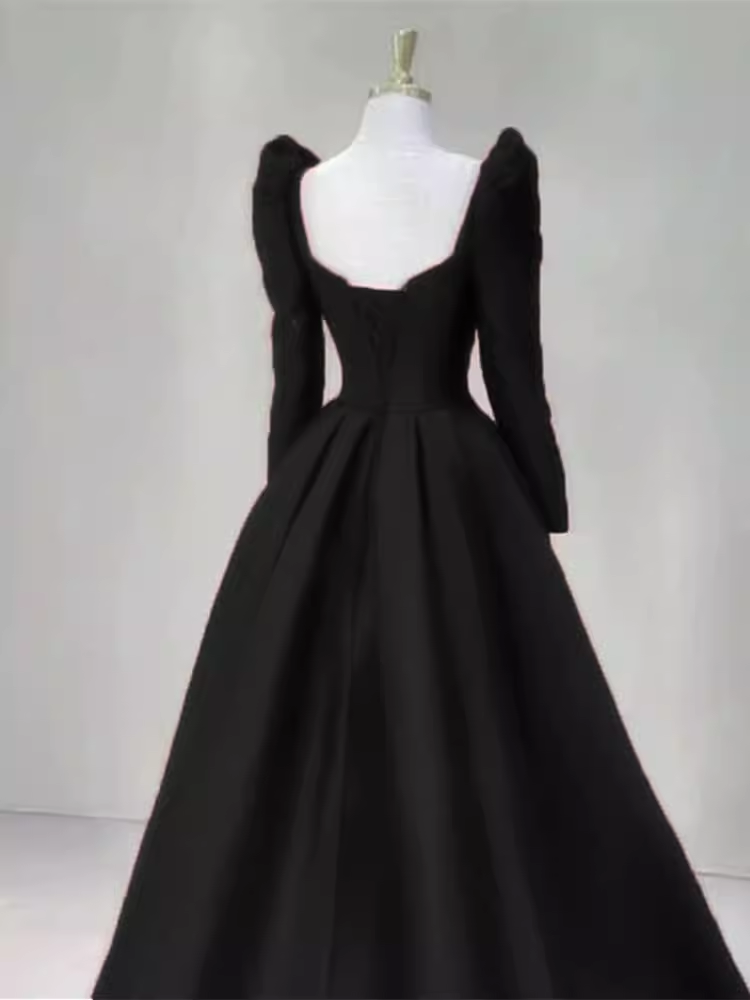Sexy A line Long Sleeves Black Satin Long Prom Dress C823