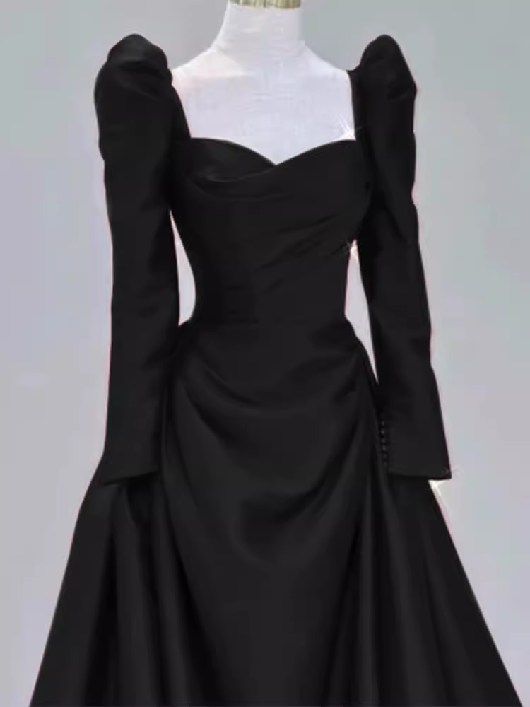 Sexy A line Long Sleeves Black Satin Long Prom Dress C823
